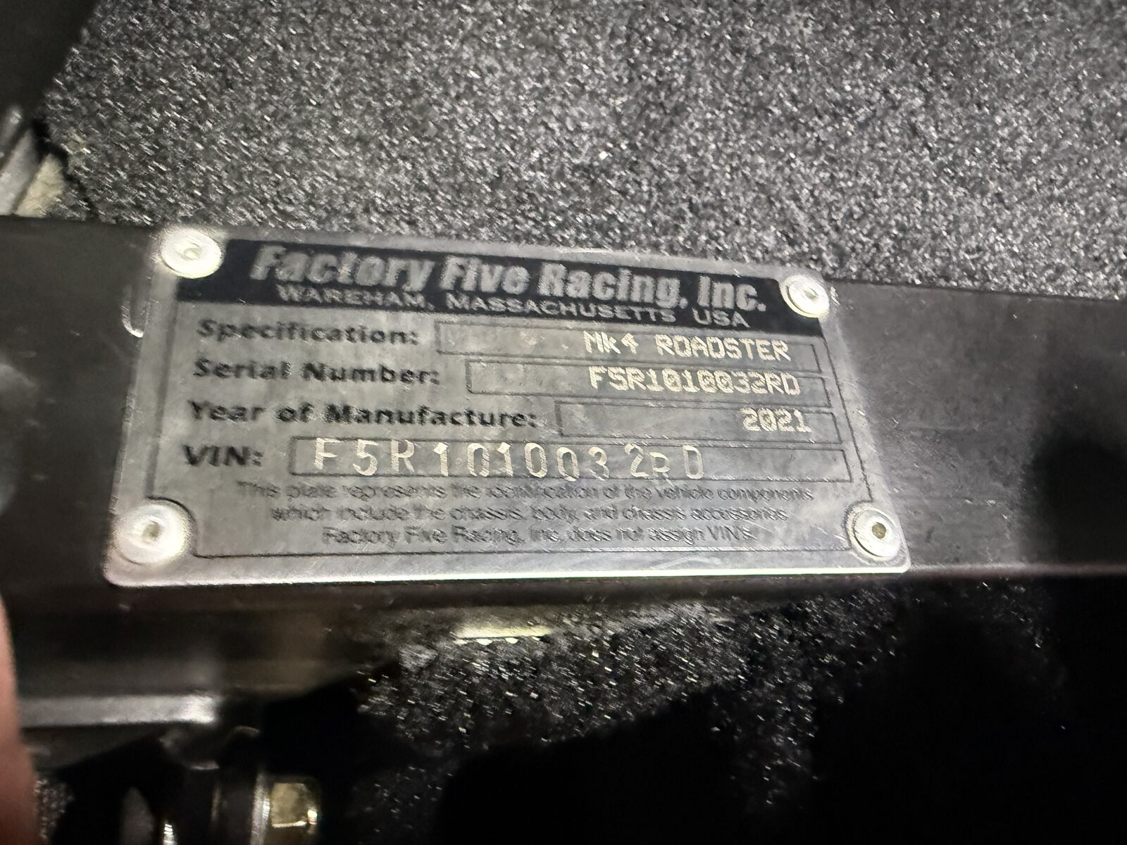 Factory Five Racing build plate showing serial number F5R1010032RD and year of manufacture 2021